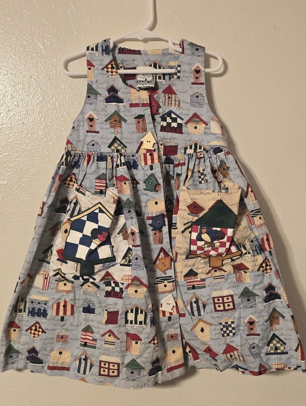VTG 90s Zoodles Birdhouse Dress 4T Novelty Print Pockets Whimsical Cottagecore